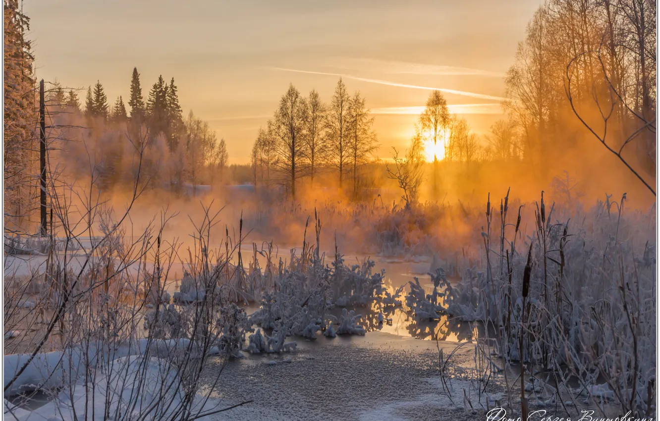 Photo wallpaper frost, Winter sunset, evening on the river