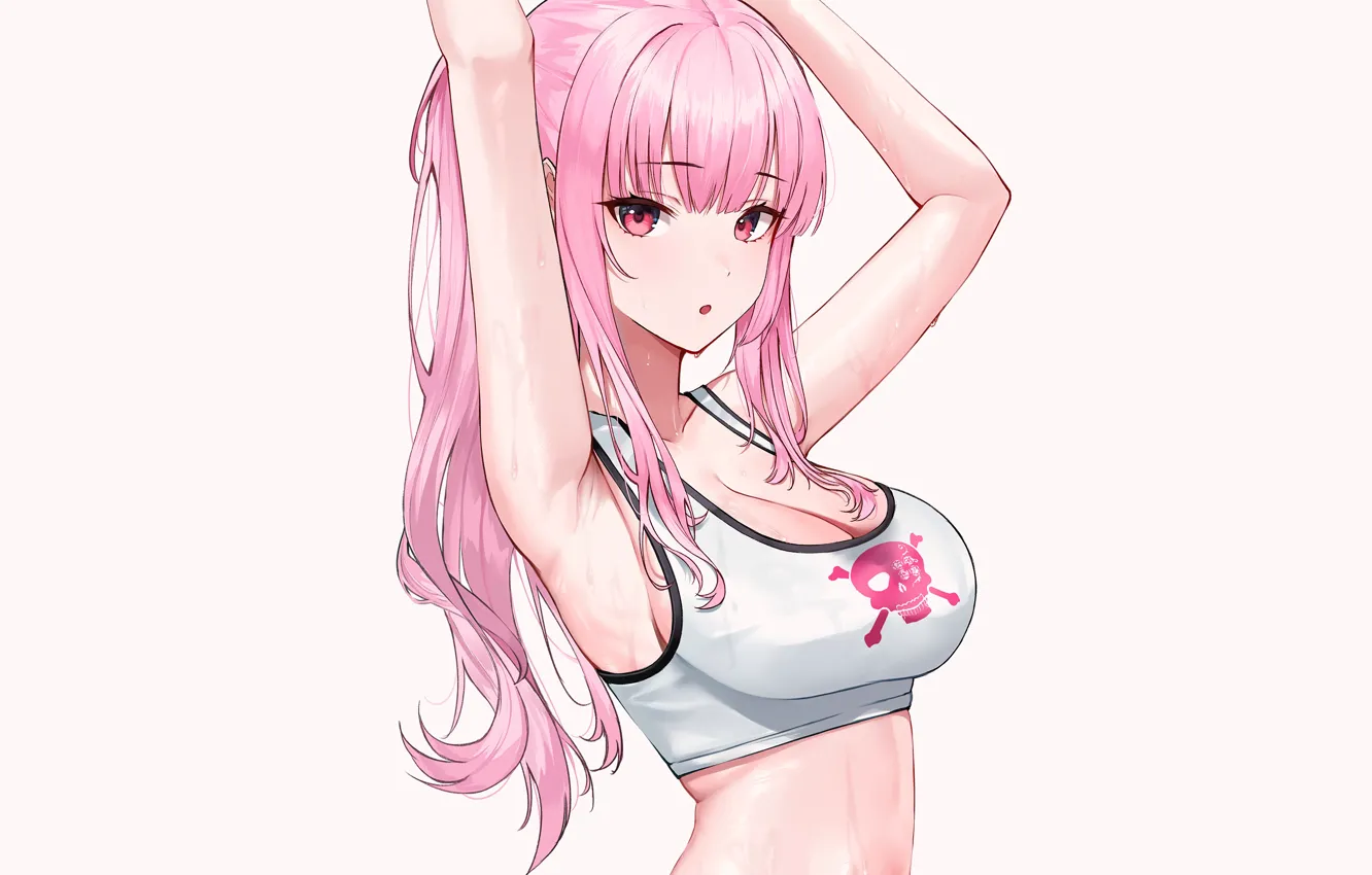 Photo wallpaper girl, sexy, cleavage, pink hair, long hair, boobs, anime, beautiful