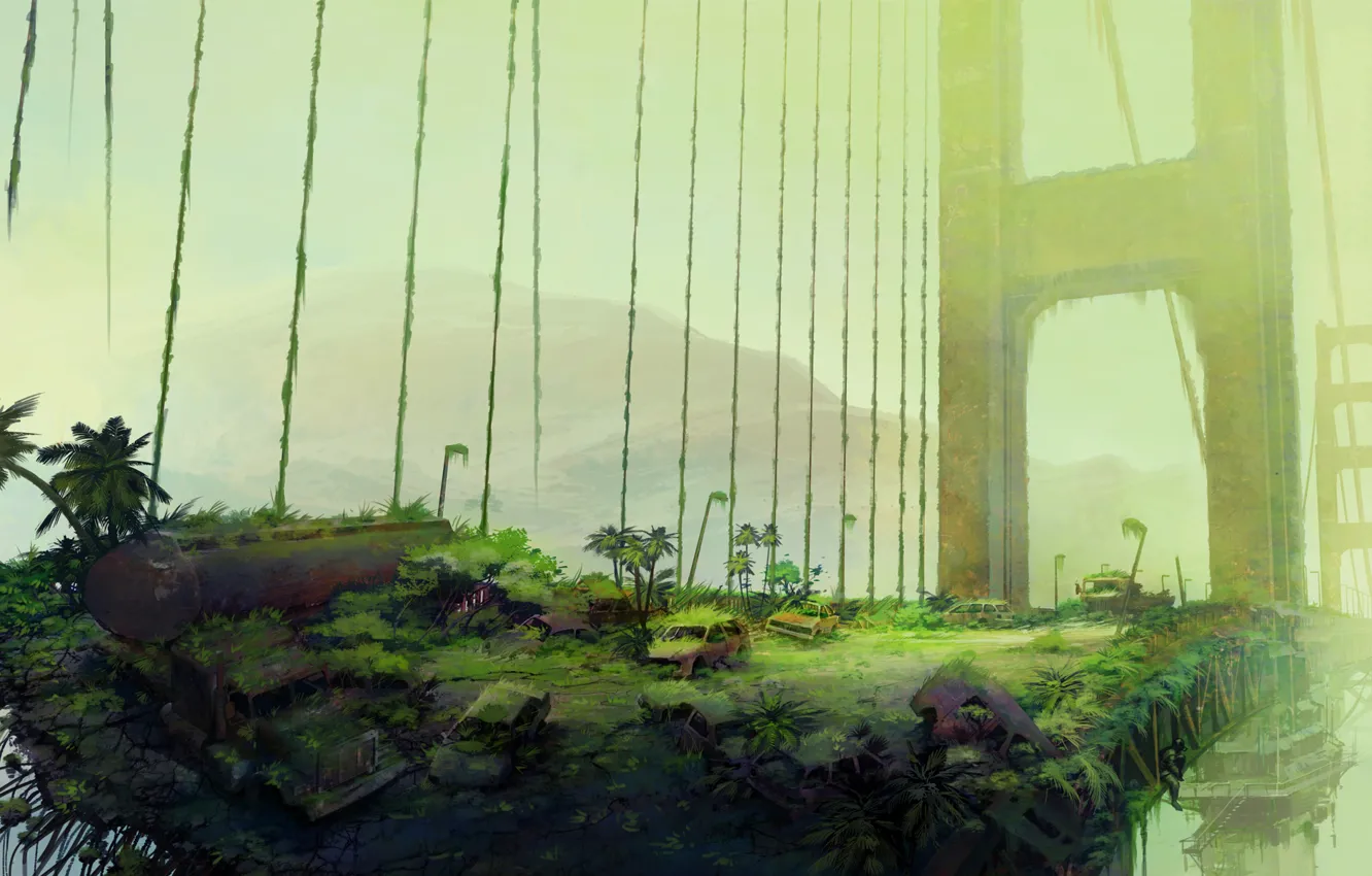 Photo wallpaper road, machine, bridge, fiction, thickets, people, the skeleton, art