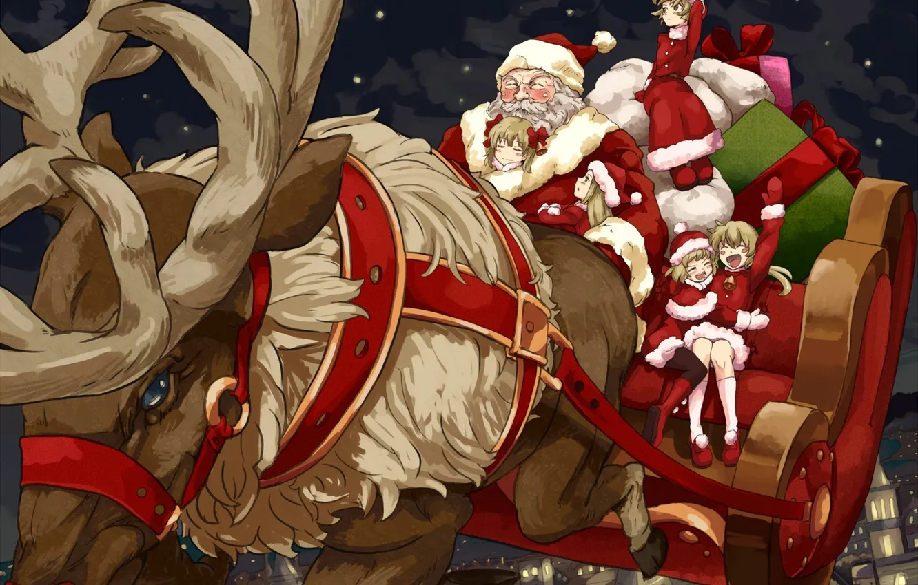 Photo wallpaper snow, flight, joy, night, children, the city, lights, new year