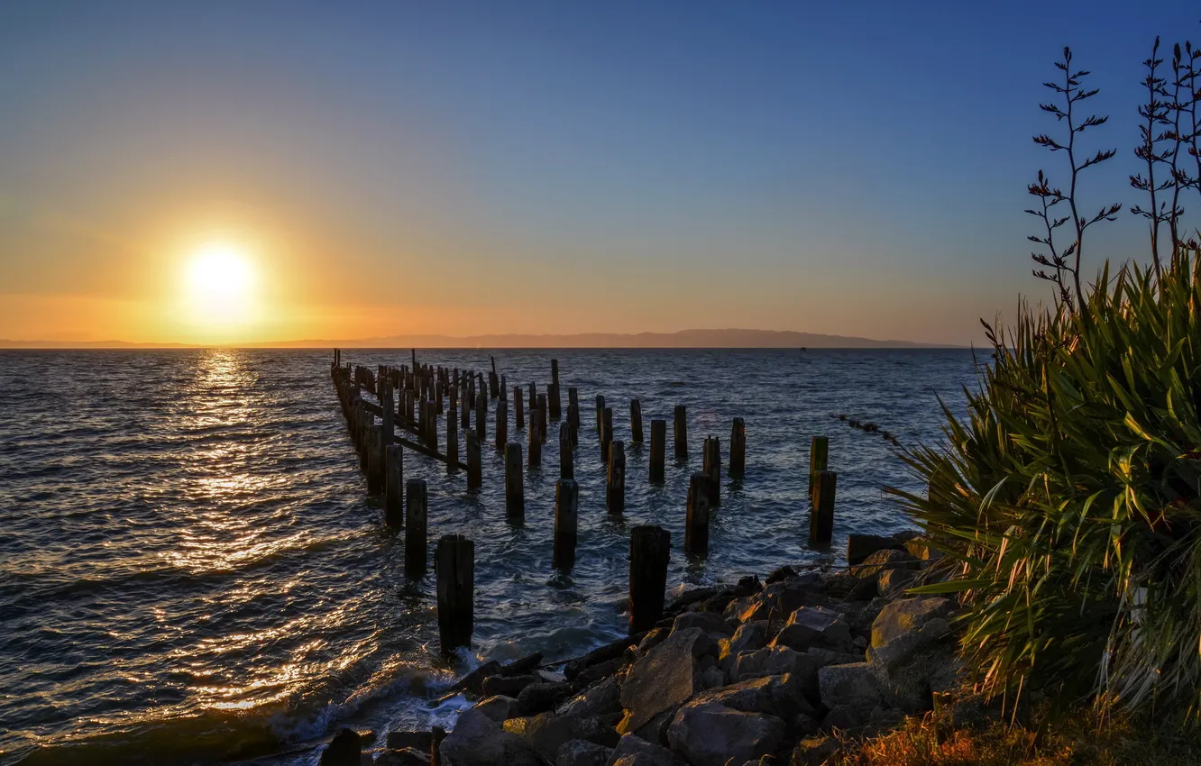 Photo wallpaper sea, landscape, sunset, support