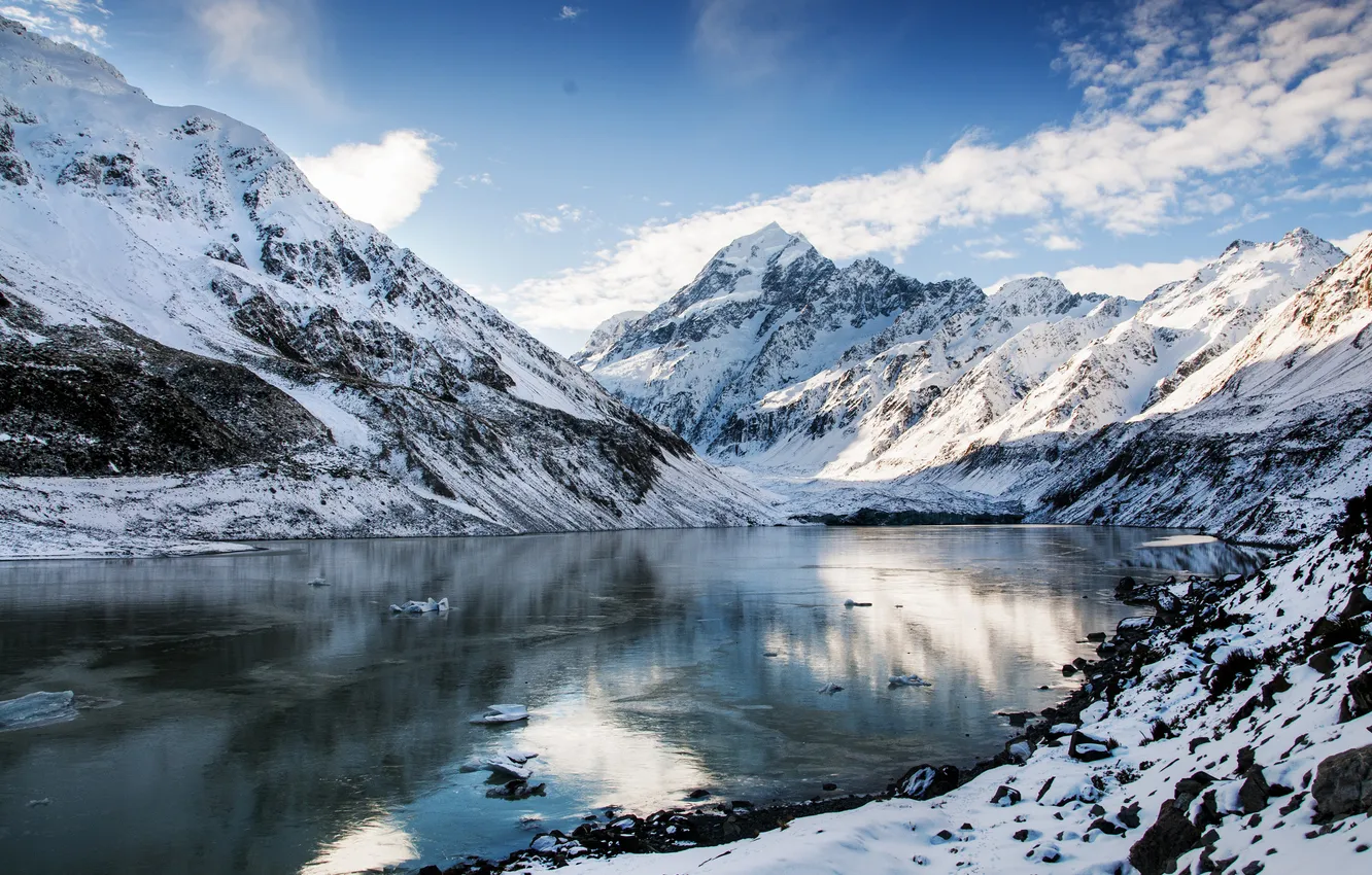 Photo wallpaper winter, the sky, clouds, snow, mountains, lake