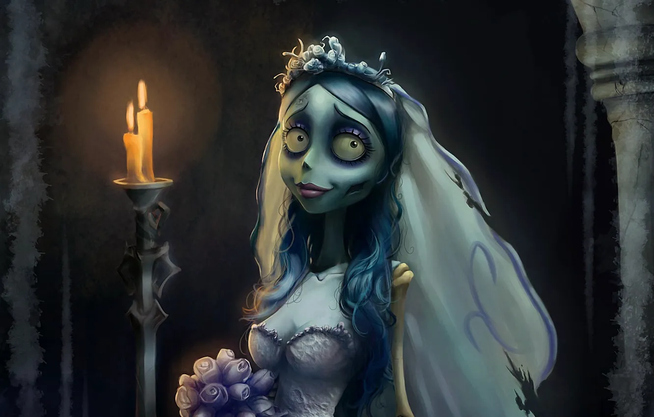 Photo wallpaper bouquet, candles, dress, the bride, Corpse Bride, Corpse Bride