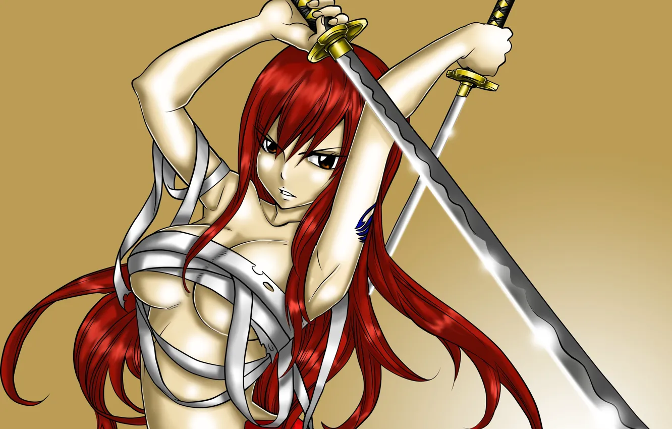 Photo wallpaper girl, pose, weapons, swords, katana, bandages, Fairy Tail, Fairy Tail