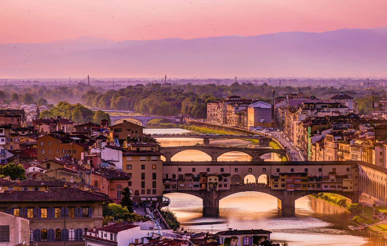 Photo wallpaper the sky, landscape, mountains, bridge, home, Italy, Florence, the Arno river