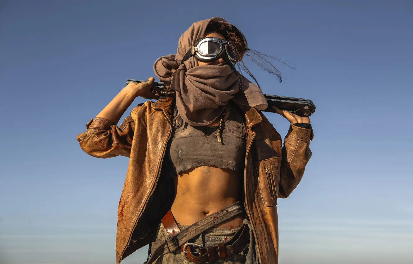 Photo wallpaper girl, glasses, leather clothes, tank top, tool