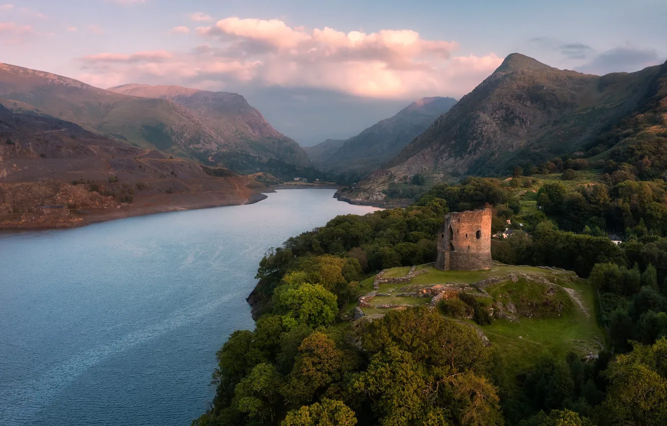Photo wallpaper mountains, castle, ruins, pond