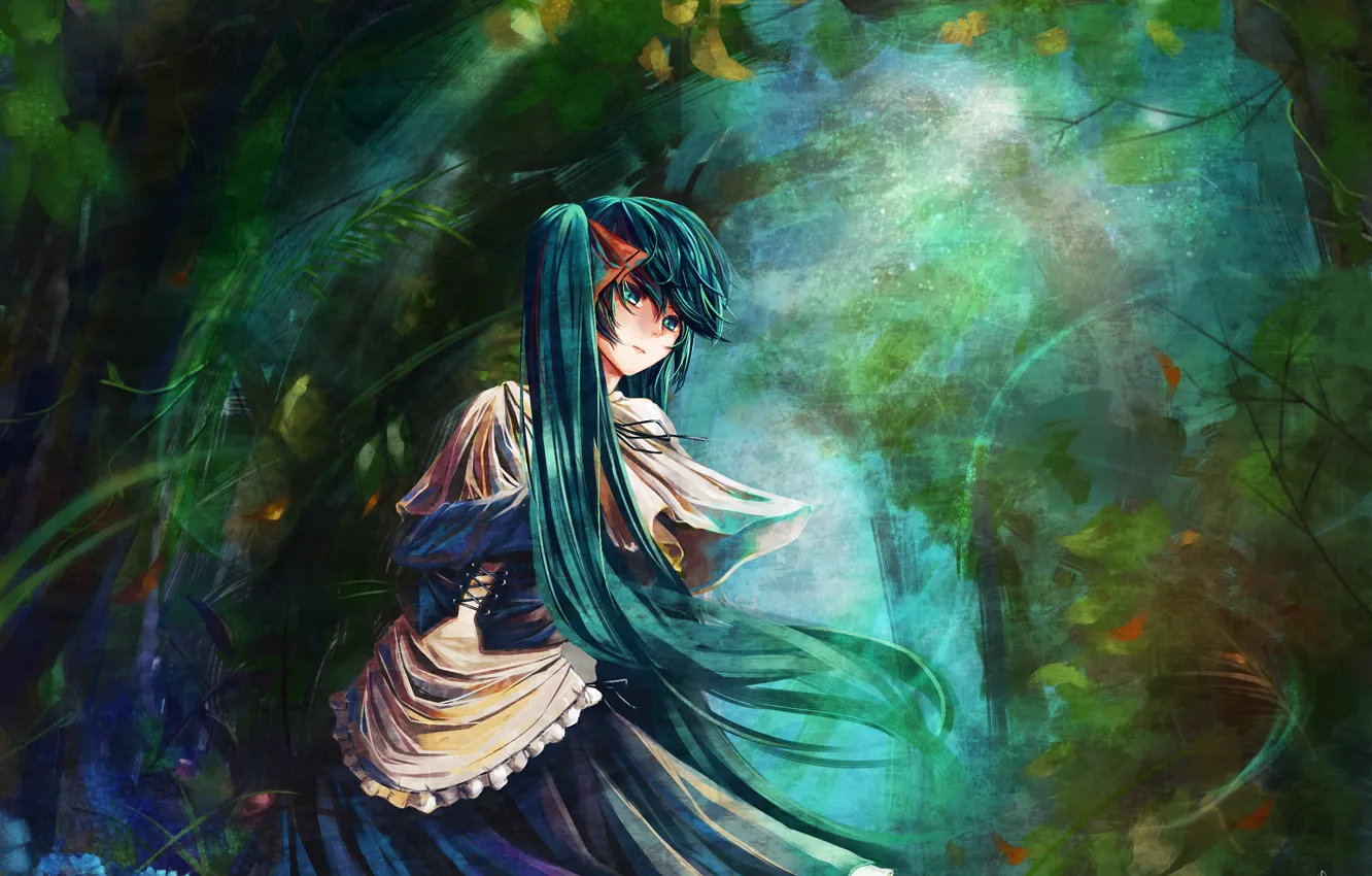 Photo wallpaper forest, anime, Hatsune Miku, Vocaloid, blue hair
