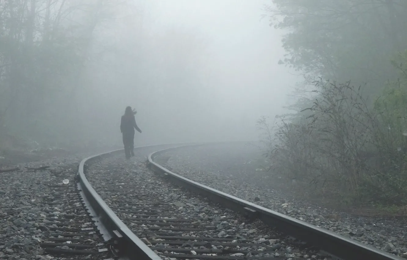 Photo wallpaper girl, fog, alone, mood, rails, railroad, I walk a lonely road