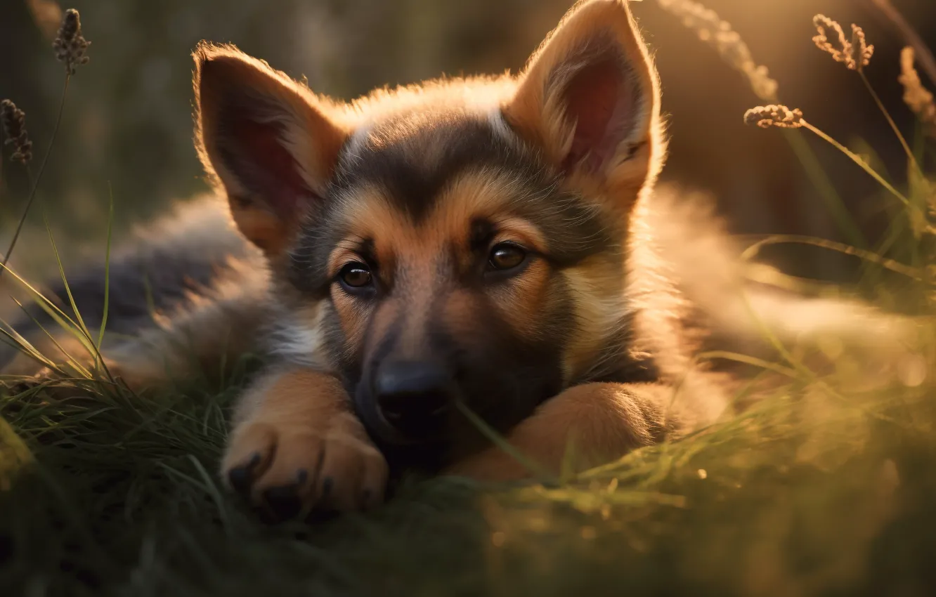 Photo wallpaper look, portrait, dog, puppy, face, German shepherd, AI art, neural network