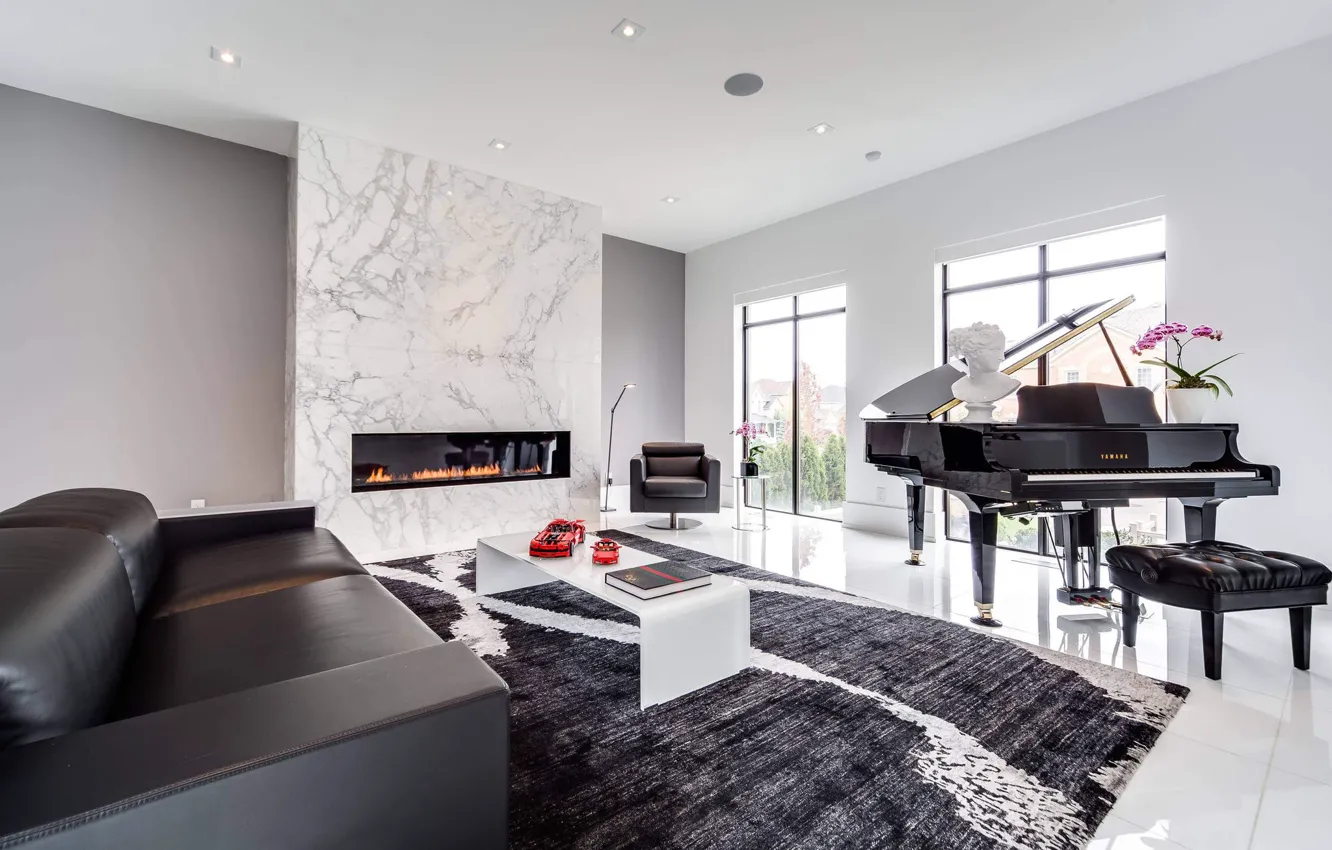 Photo wallpaper interior, fireplace, piano, living room, Vaughan Residence