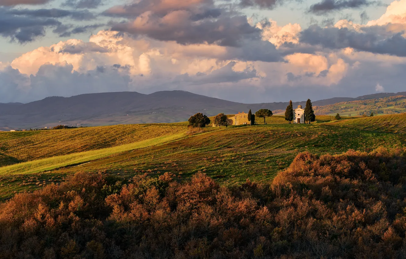 Photo wallpaper field, the sky, clouds, light, mountains, hills, slope, Italy