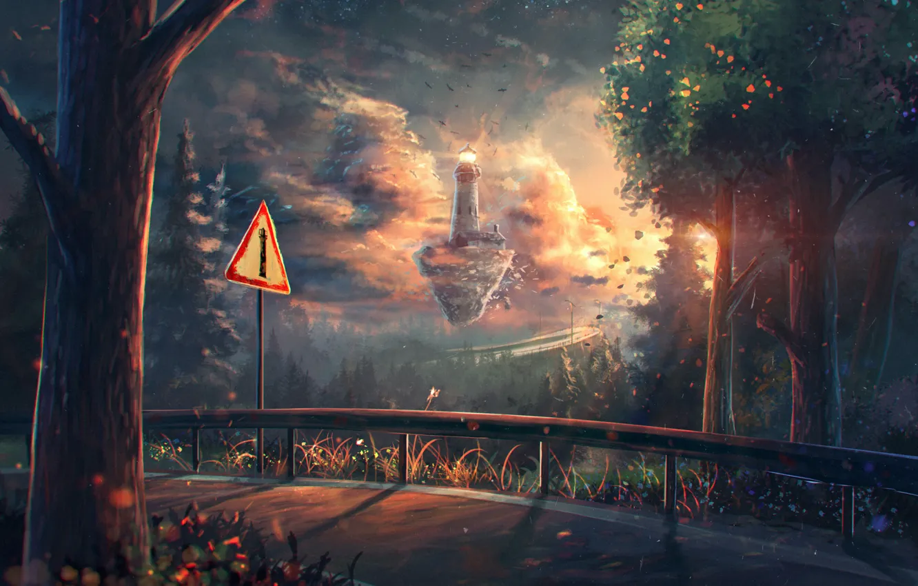 Photo wallpaper road, forest, trees, lighthouse, island