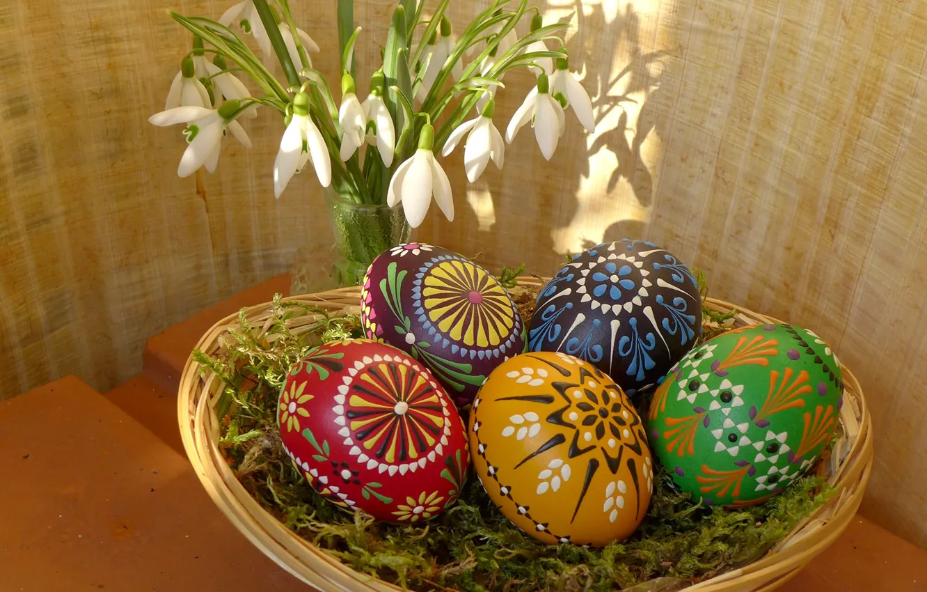 Photo wallpaper flowers, eggs, spring, snowdrops, Easter, Holiday