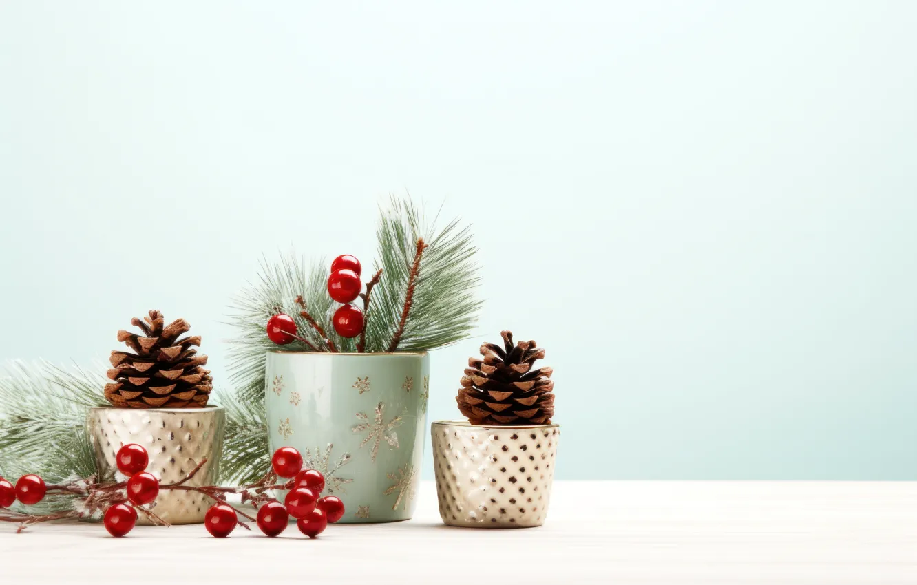 Photo wallpaper branches, red, berries, new year, fruit, Christmas, needles, light background