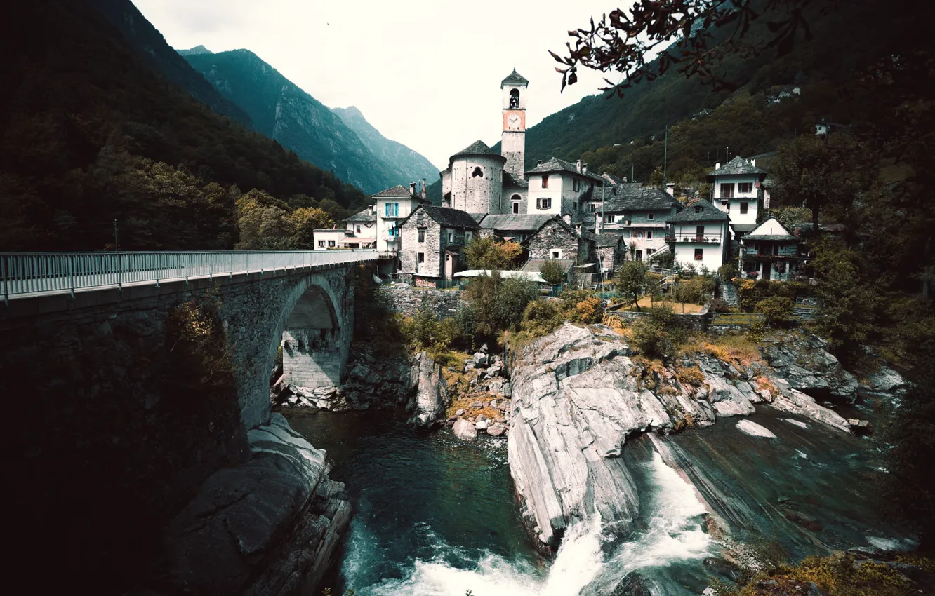 Photo wallpaper landscape, mountains, bridge, nature, river, home, Switzerland, valley
