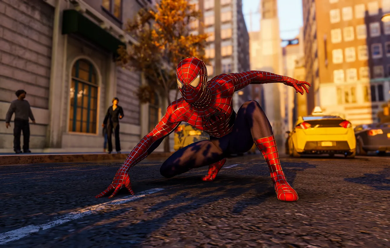 Photo wallpaper road, people, street, taxi, Spider-Man, PS4, Spider - man, Spider-Man (PS4)