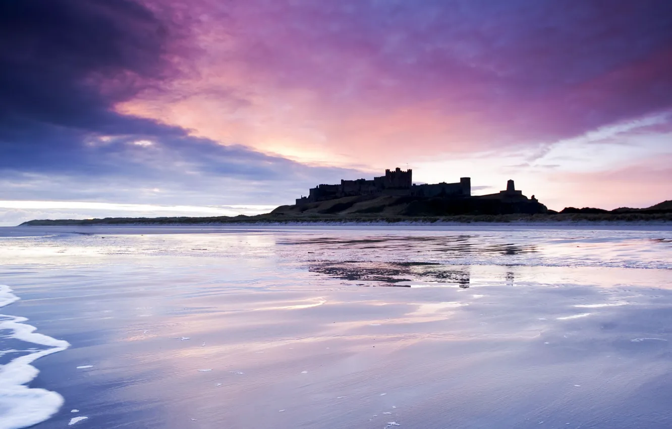 Photo wallpaper sea, purple, the sky, clouds, castle, shore, England, the evening