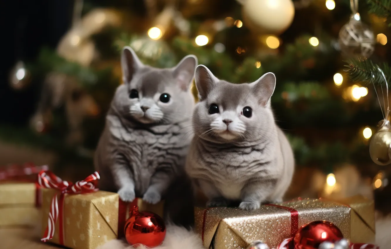 Photo wallpaper look, new year, Christmas, a couple, rodent, chinchilla, AI art, neural network