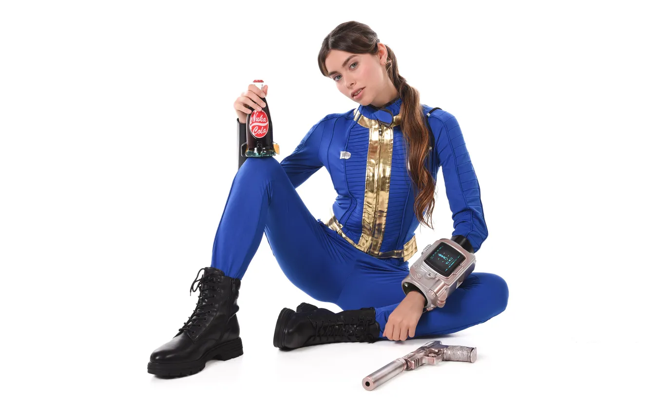Photo wallpaper gun, shoes, costume, sitting, Alissa Foxy