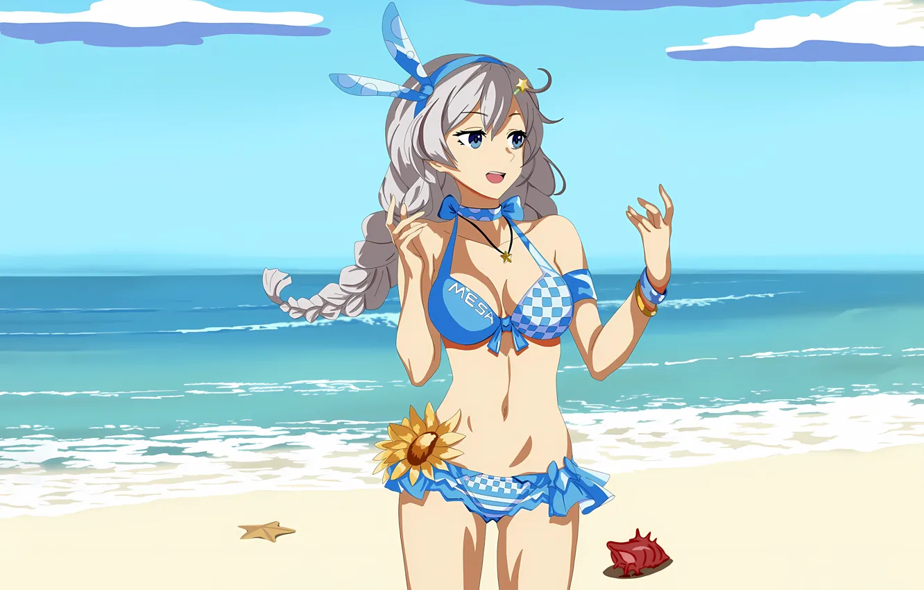 Photo wallpaper girl, sexy, cleavage, beach, sky, long hair, sea, boobs