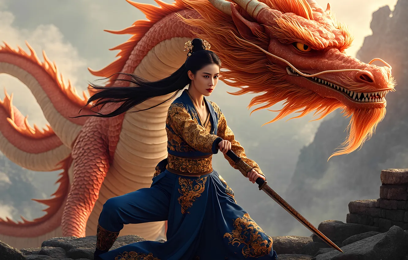 Photo wallpaper girl, sword, Chinese, Asian, blue dress, The dragon is red