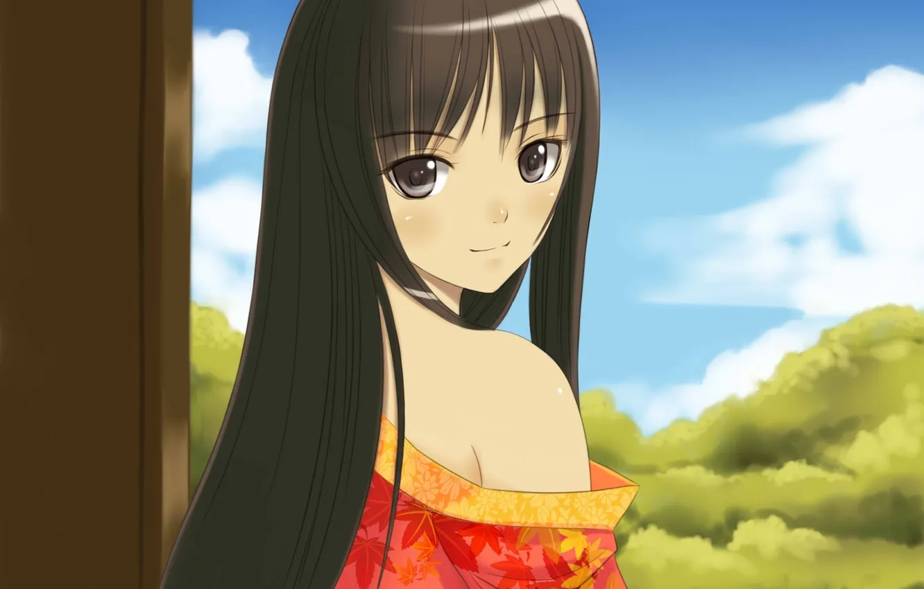 Photo wallpaper greens, the sky, girl, art, kimono, shoulders, xiao lian