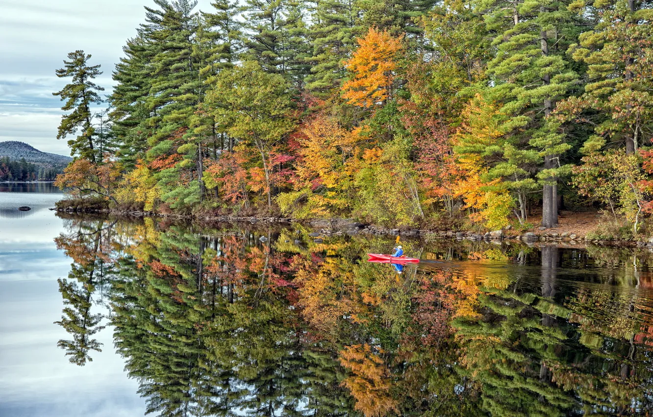 Photo wallpaper autumn, landscape, lake, boat