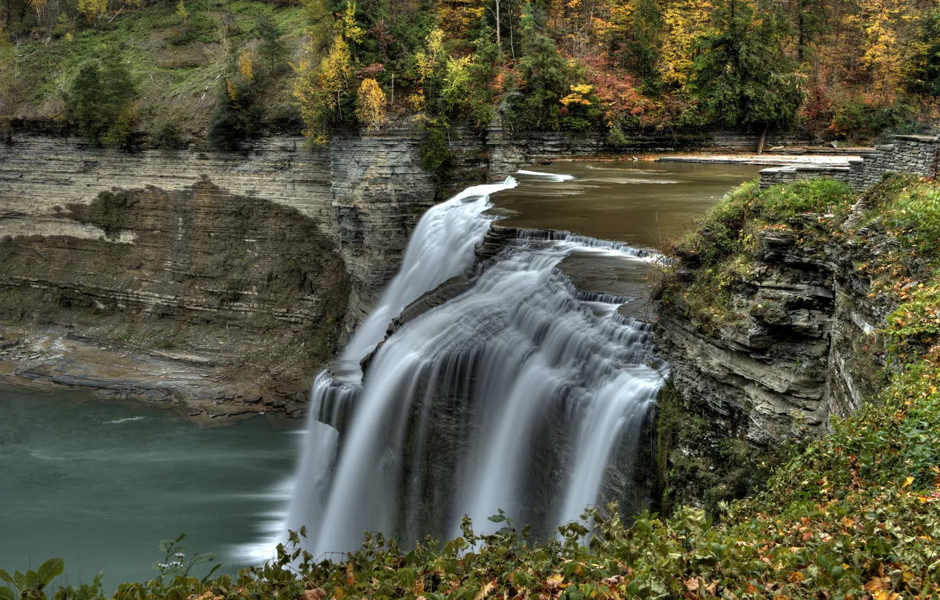 Photo wallpaper autumn, landscape, river, waterfall