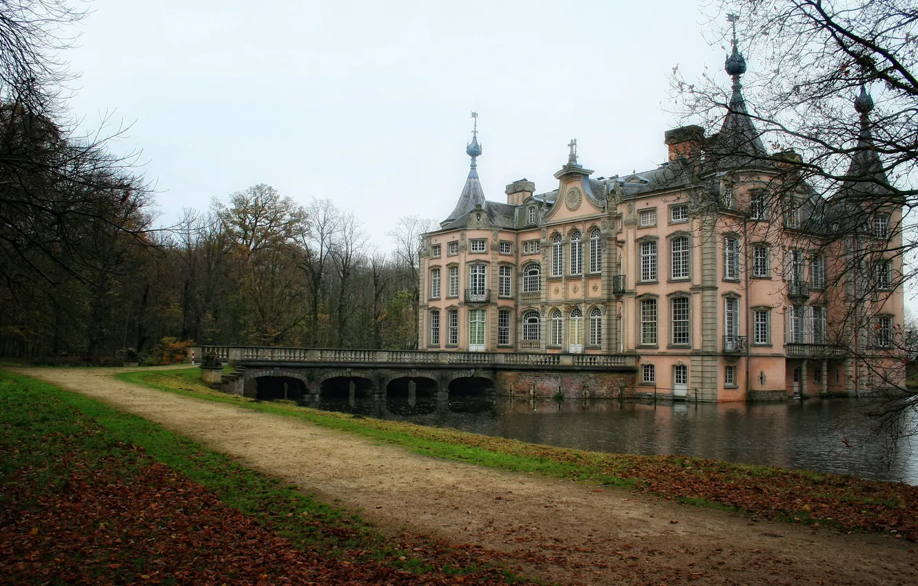 Photo wallpaper autumn, leaves, water, trees, nature, castle, beauty, Belgium