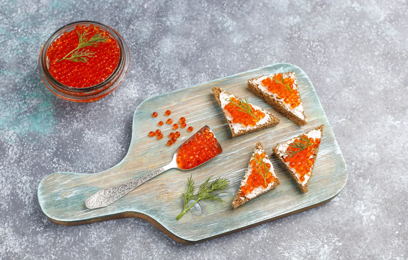 Photo wallpaper greens, caviar, sandwiches