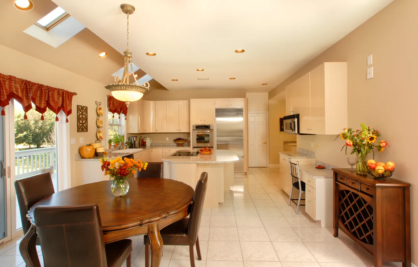 Photo wallpaper flowers, design, furniture, kitchen, chandelier, wardrobe, cottage, design