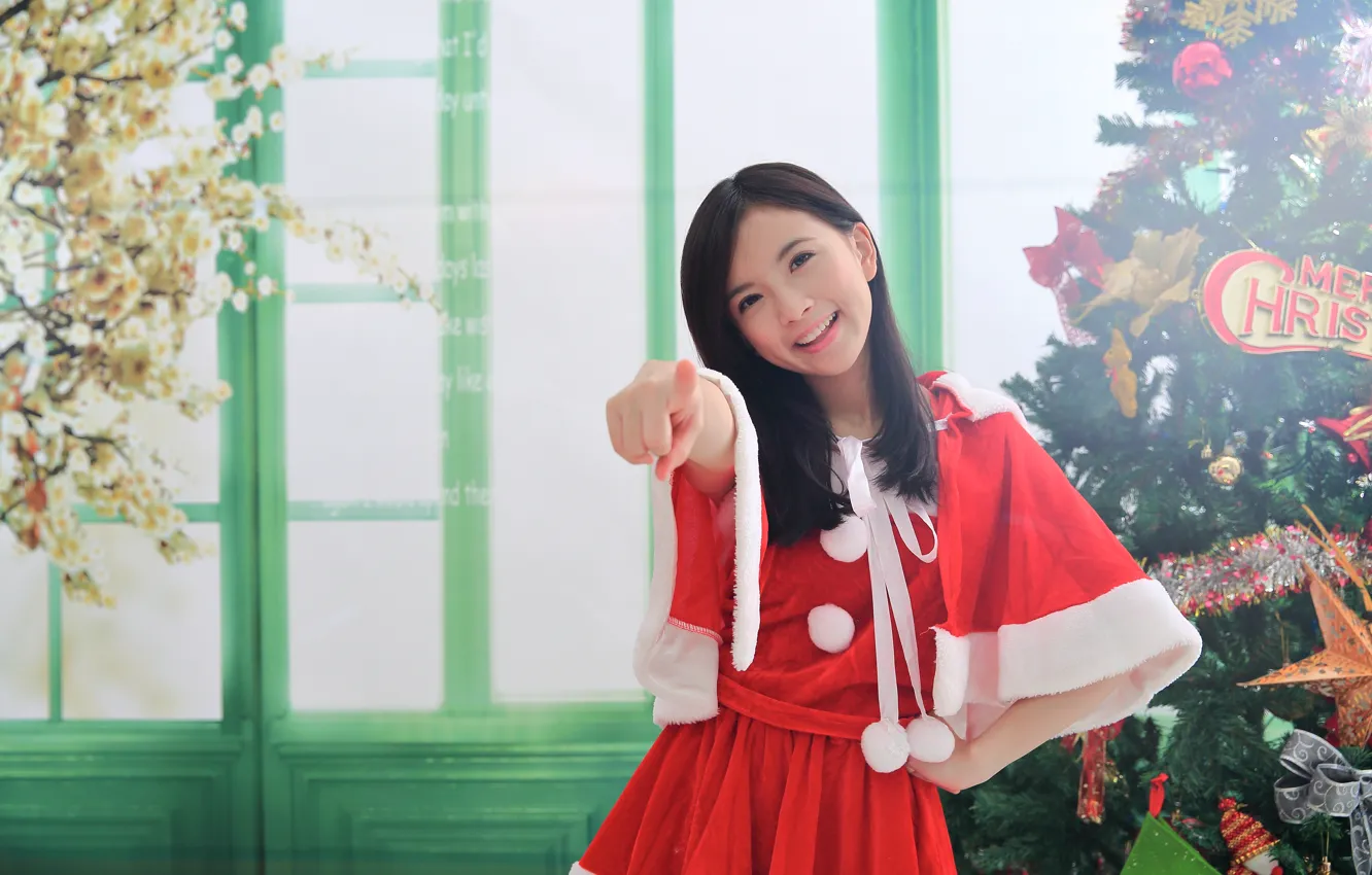 Photo wallpaper girl, joy, smile, background, holiday, tree, finger, Asian