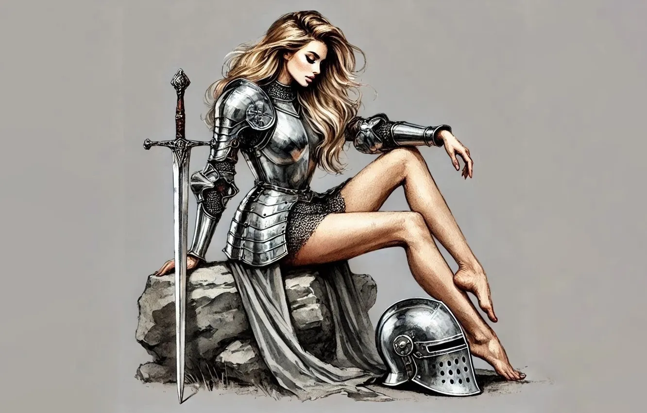 Photo wallpaper stones, AI ART, knight, girl, sword, blonde, helmet