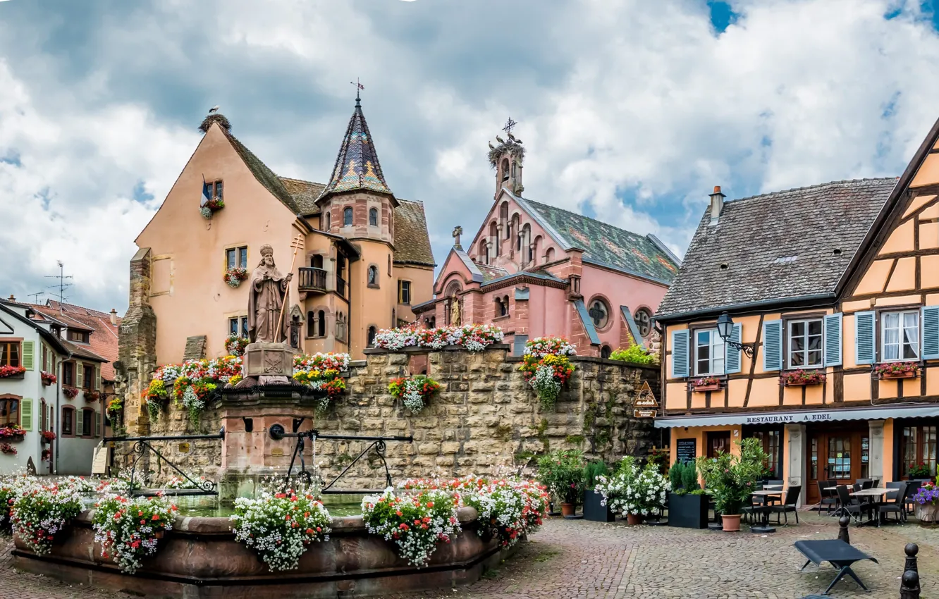 Photo wallpaper flowers, France, home, monument, fountain, Alsace, Eguisheim
