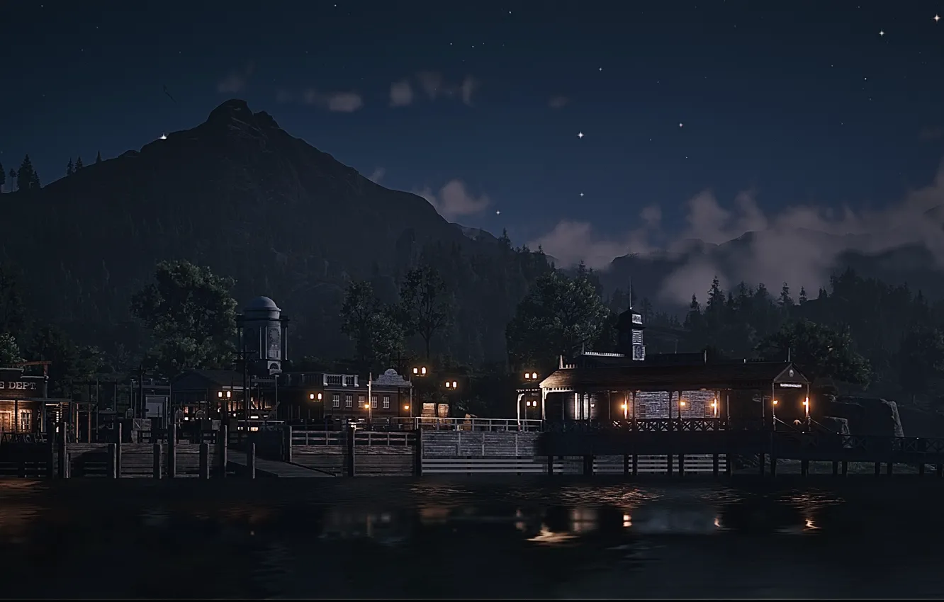 Photo wallpaper city, HDR, game, Dock, sky, sea, night, cloud