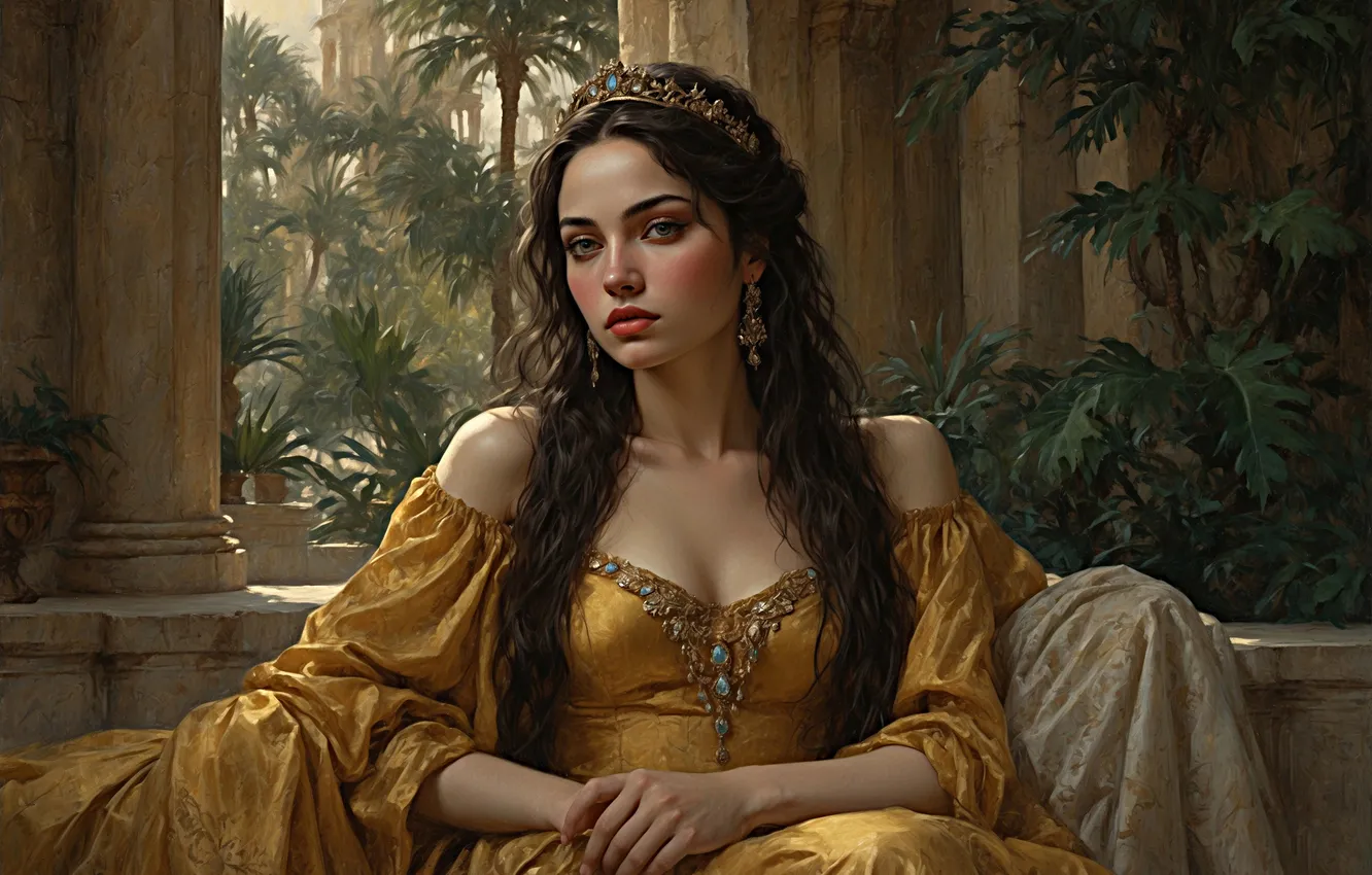 Photo wallpaper chest, girl, light, decoration, tropics, castle, portrait, brunette