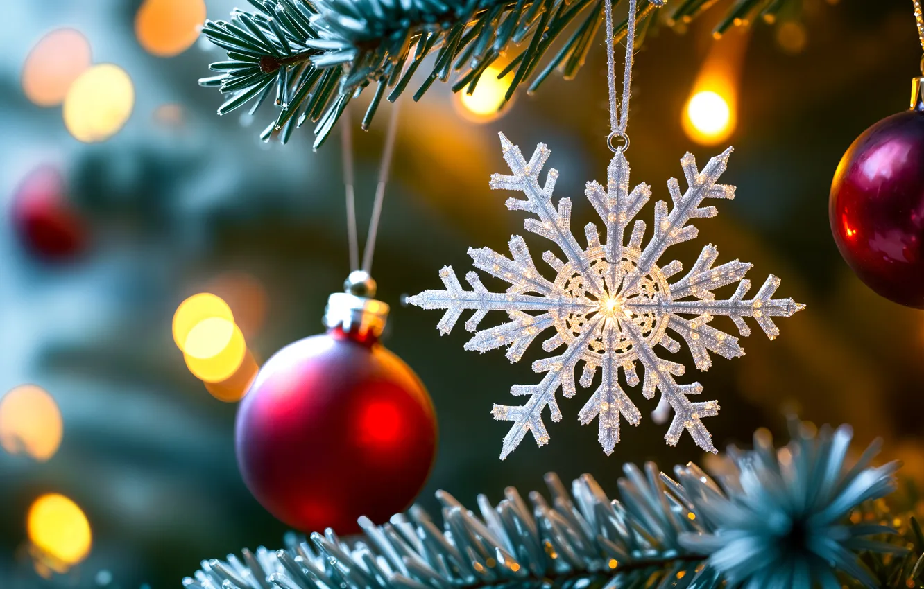 Photo wallpaper balls, snowflakes, branches, lights, new year, Christmas, garland, needles