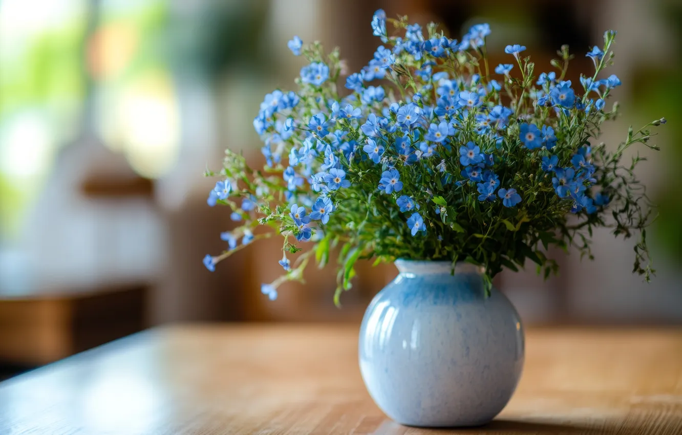 Photo wallpaper flowers, table, blue, bouquet, spring, vase, bokeh, forget-me-nots