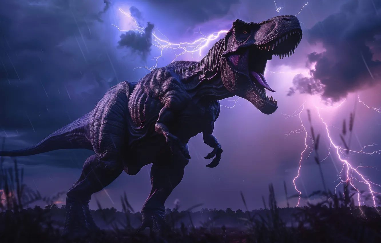Photo wallpaper clouds, rain, animal, lightning, dinosaur, predator, mouth, grin