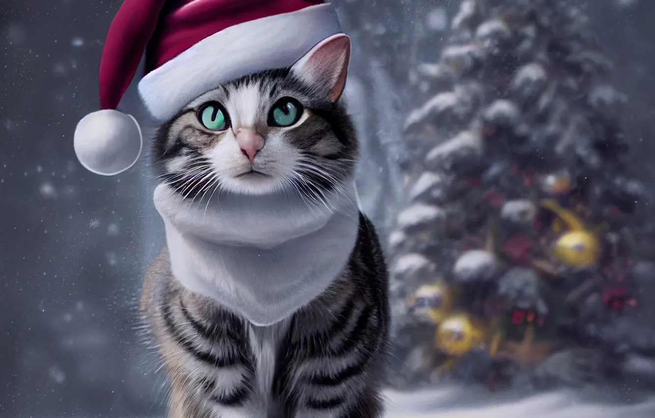 Photo wallpaper winter, cat, look, cap