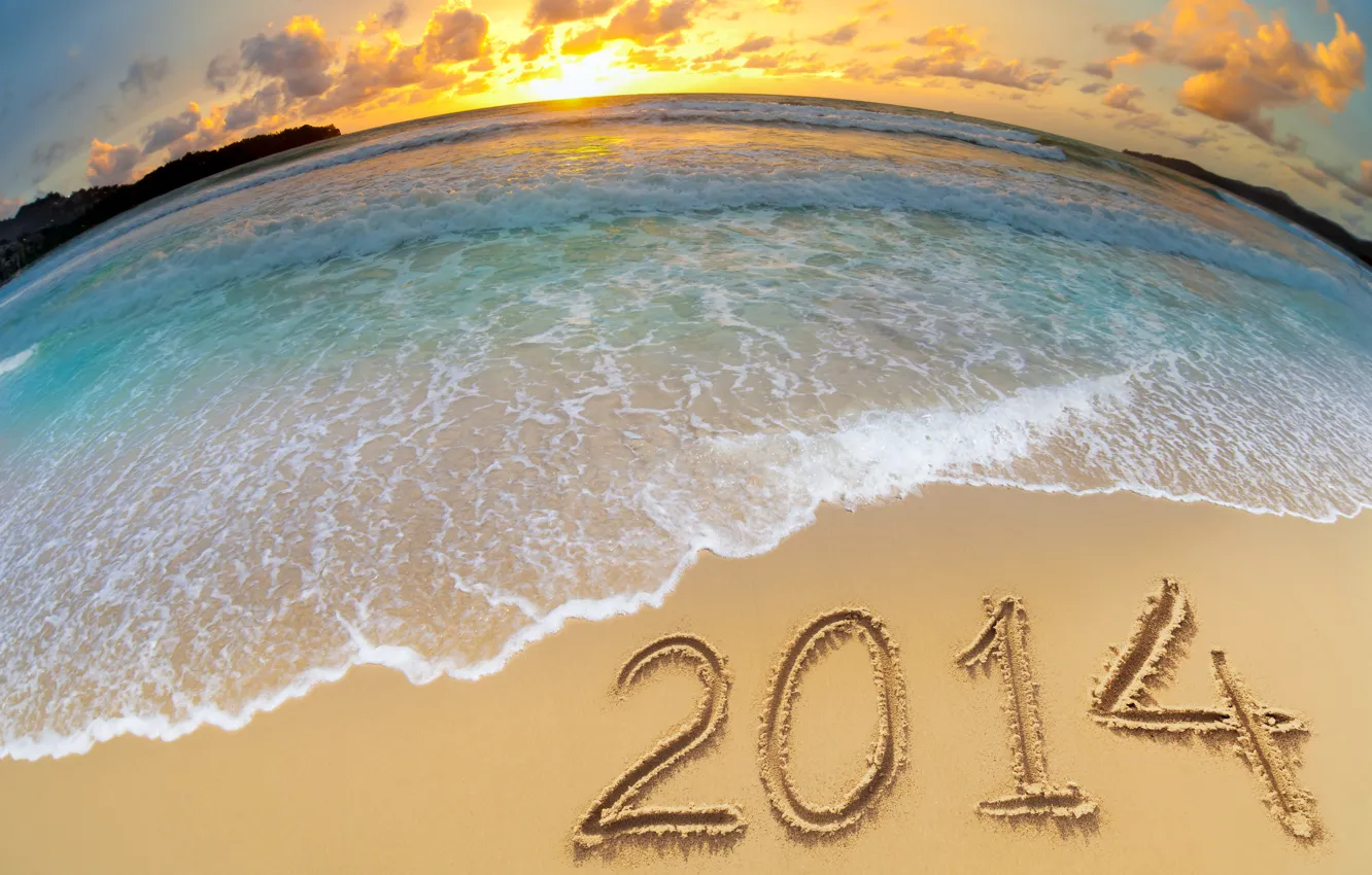 Photo wallpaper sand, sea, wave, the sun, surf, fish eye, 2014