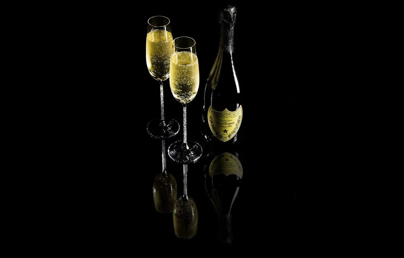 Photo wallpaper reflection, bottle, art, drink, black background, champagne, Bakaly