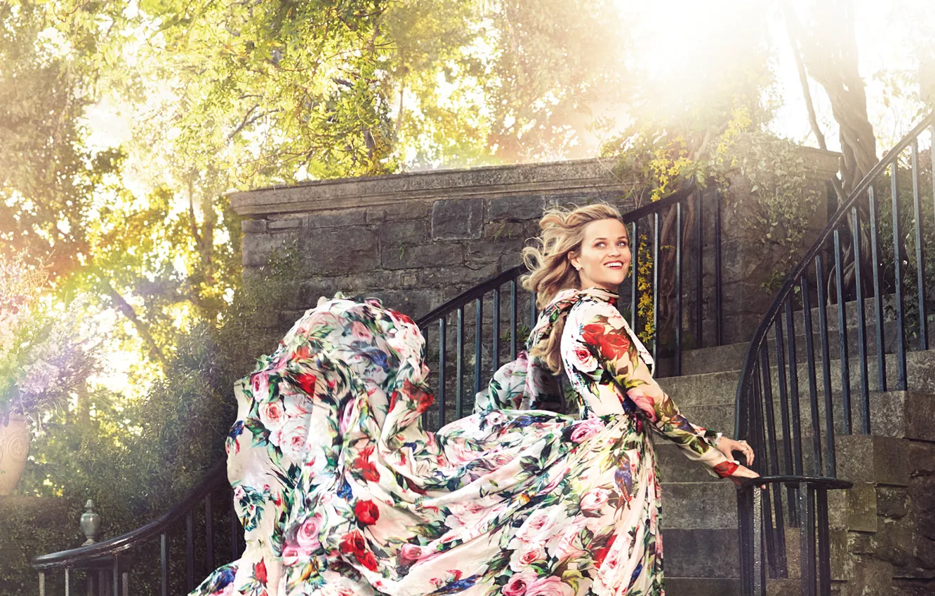 Photo wallpaper the sun, trees, smile, mood, model, garden, dress, actress