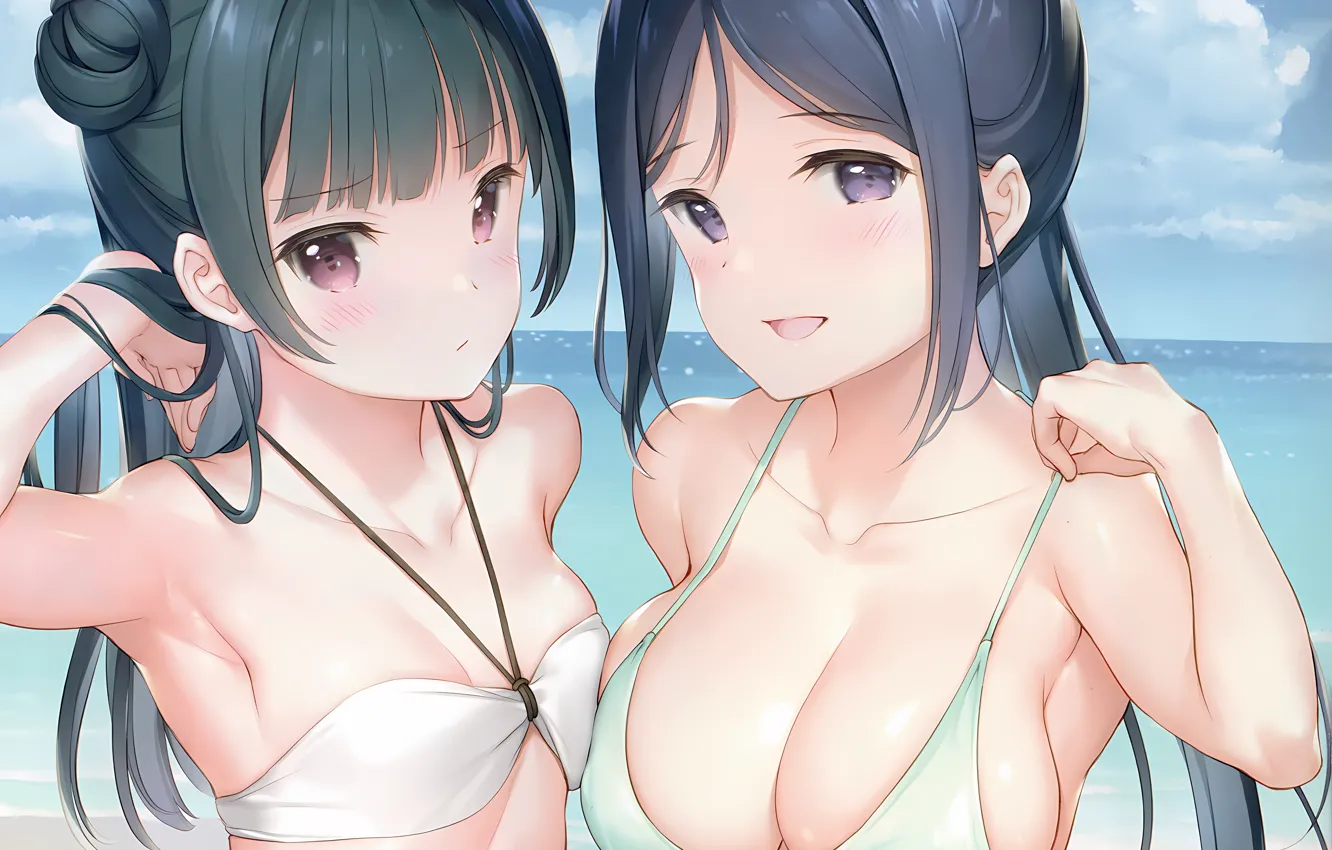 Photo wallpaper sexy, cleavage, sky, long hair, sea, girls, boobs, anime