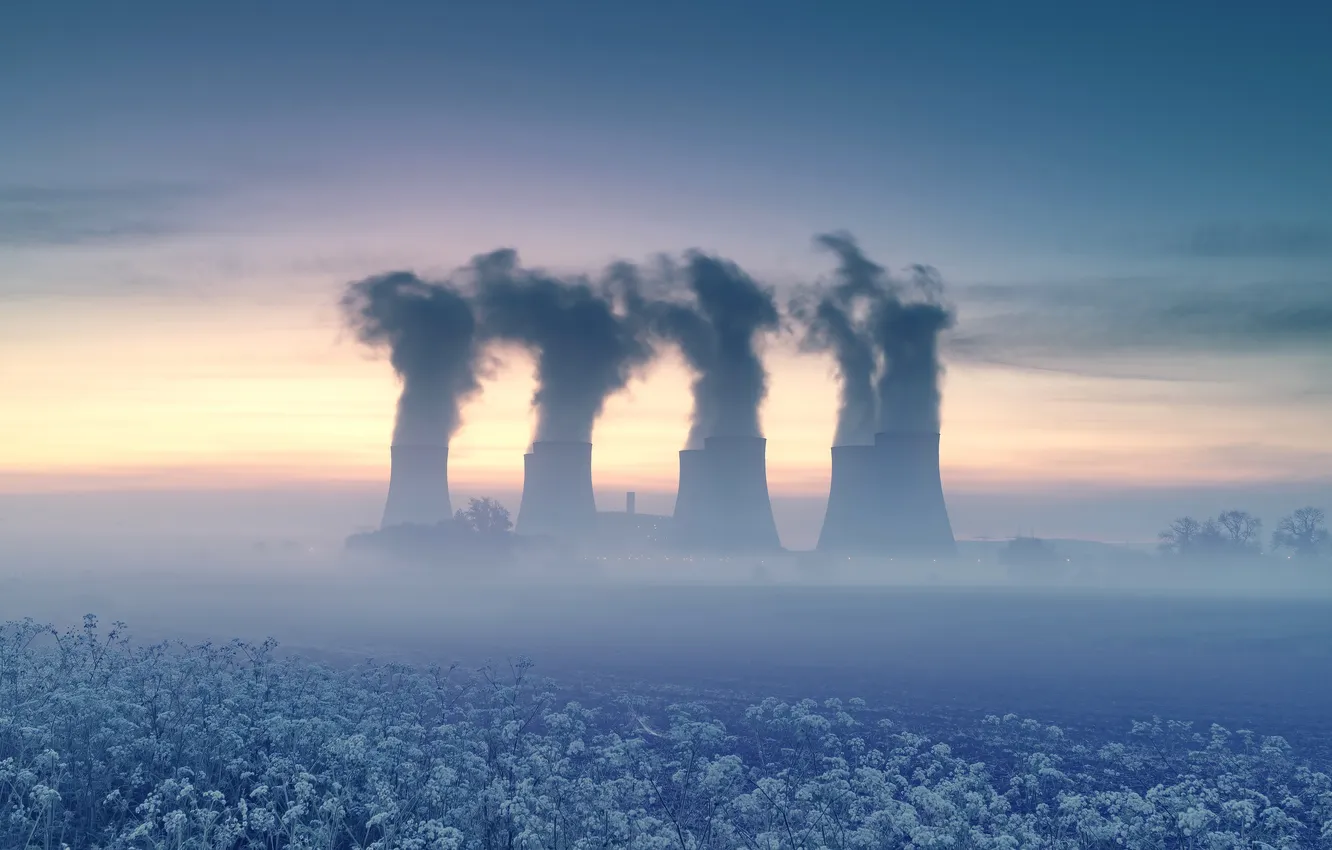 Photo wallpaper sunset, fog, pipe