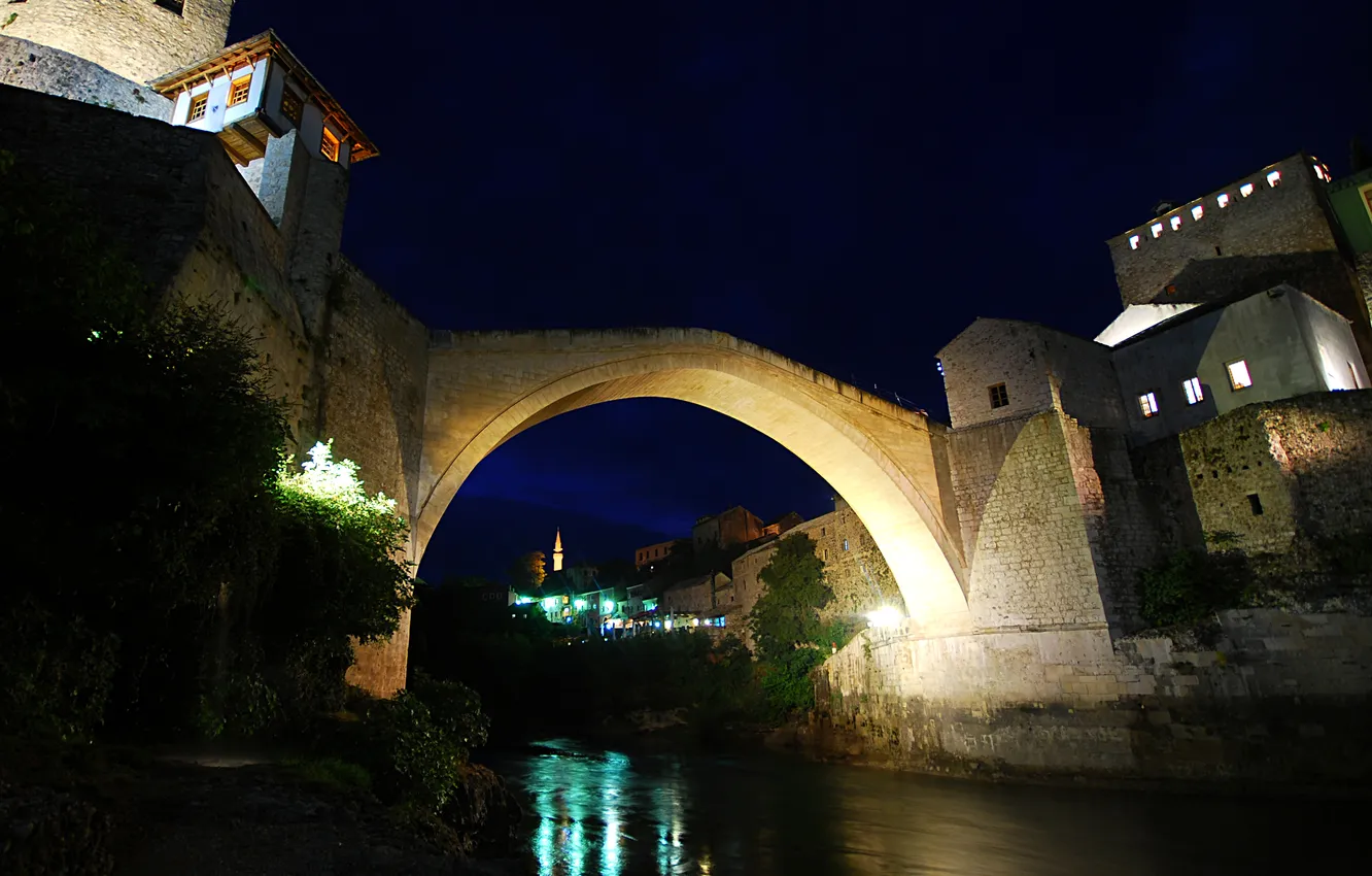 Photo wallpaper night, bridge, lights, river, home, Bosnia and Herzegovina, Mostar, Old Bridge