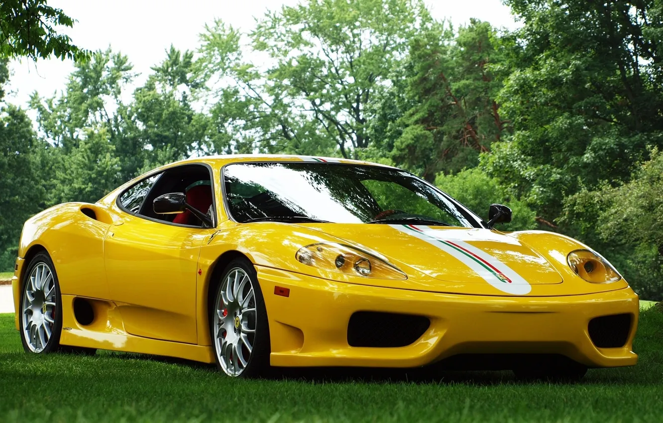 Photo wallpaper grass, trees, yellow, background, Ferrari, supercar, Ferrari, 360