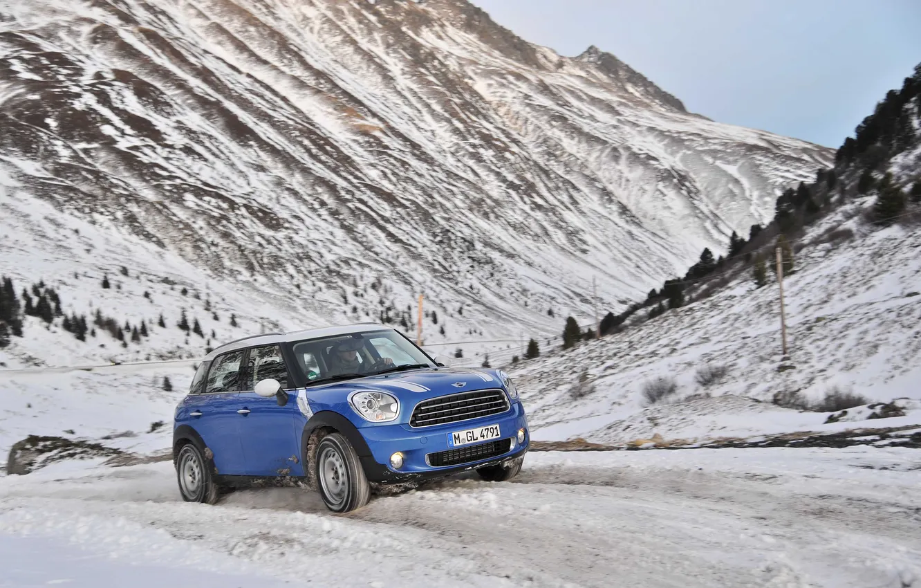 Photo wallpaper winter, snow, mountains, blue, Mini, Mini Cooper, riding, Mini Cooper