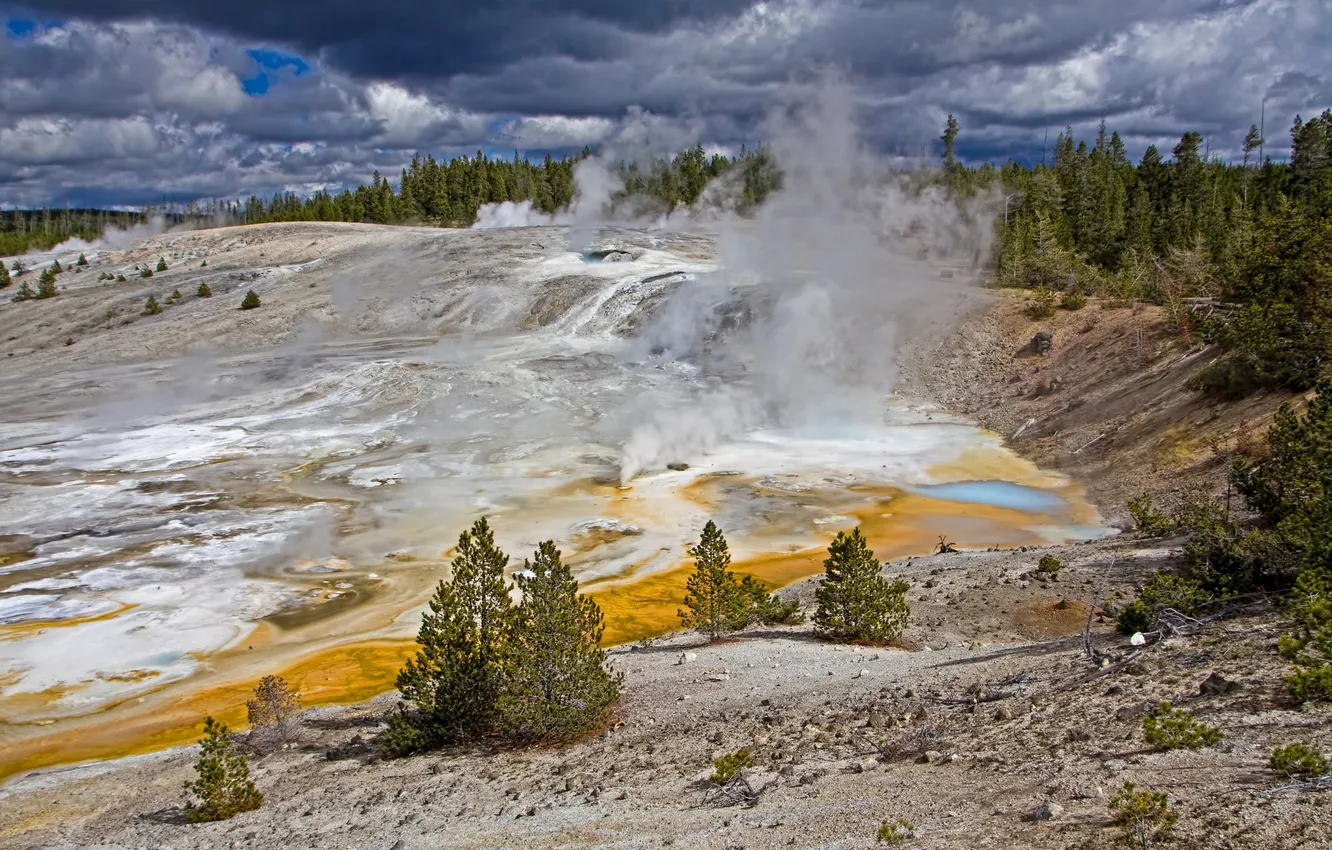 Photo wallpaper the sky, clouds, trees, mountains, pair, geyser